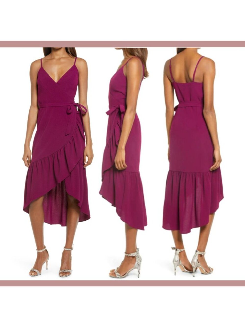 🆕DRESS THE POPULATION Delphine Wrap Dress Magenta Large 8-10 - Picture 2 of 12